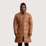 Floyd Tan Hooded Leather Puffer Coat - Image 4