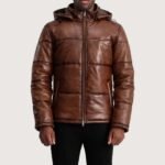 Gordon Waxed Brown Hooded Leather Puffer Jacket