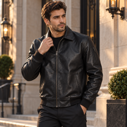 Men’s Classic Black Lambskin Leather Bomber Jacket