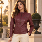 Women’s Burgundy Lambskin Leather Cafe Racer Jacket