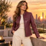 Women’s Burgundy Lambskin Leather Cafe Racer Jacket - Image 5