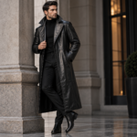 Black Long Lamb Leather Coat - Image 2