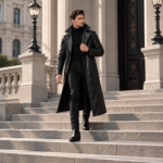 Black Long Lamb Leather Coat - Image 3